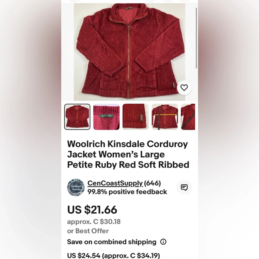 Women’s Woolrich Kinsdale Corduroy Burgundy Full Zip Jacket, Pockets! Size L - Picture 12 of 17